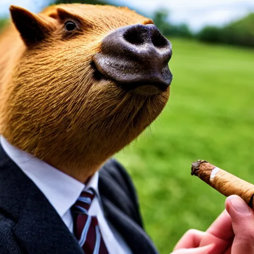 Image similar to smoking cigar, a man wearing a suit capybara head (smoking cigar)