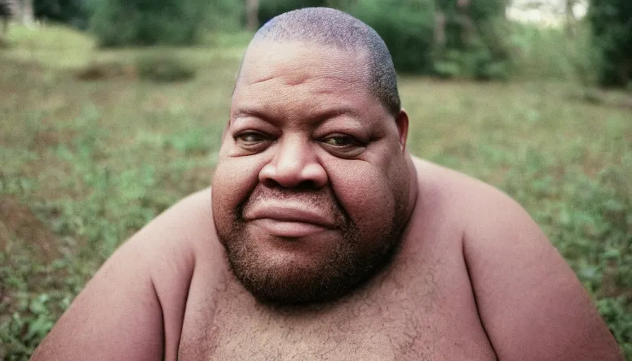 Image similar to far view, extremely fat obese forrest whitaker with long beard, wearing dirty overalls, dirty greasy face, grin, portrait, close up, kodak gold 2 0 0, 5 0 mm,