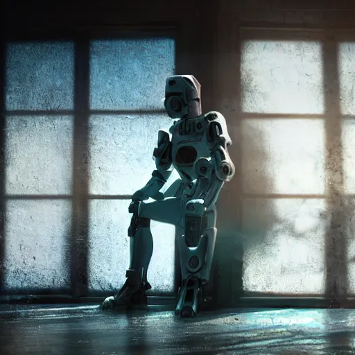 Prompt: 2044 White mecha armor intimidating warrior sitting on the couch in abandoned warehouse sunlight pours in through a multipane window revealing dust motes and god rays cyberpunk photo