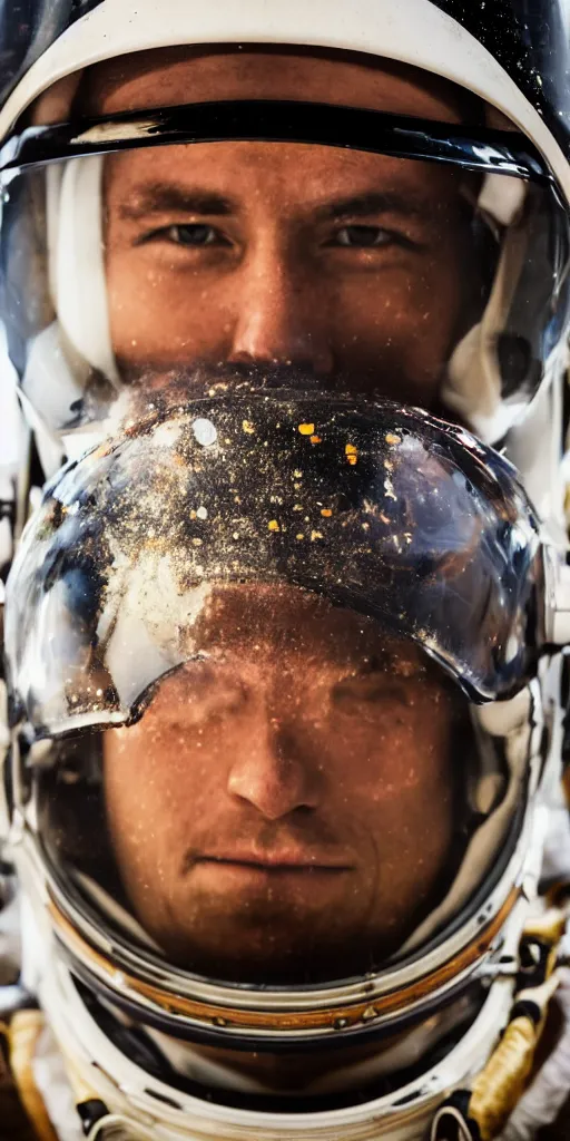 Image similar to closeup portrait photograph of an astronaut extreme sports dirt bike rider, helmet, human head, portrait, hyper realistic, highly detailed, retrofuturism