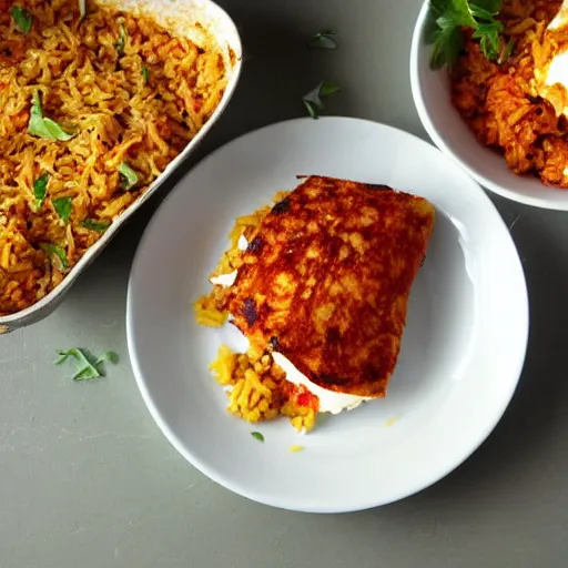 Prompt: jollof rice with haloumi cheese on the side