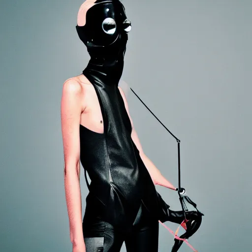 Image similar to fashion photography of an extraterrestrial model, wearing a gaz mask, wearing demobaza fashion, inside berghain, berlin fashion, harness, futuristic fashion, dark minimal outfit, photo 3 5 mm leica, hyperdetail, berghain, 8 k, very detailed, photo by nick knight