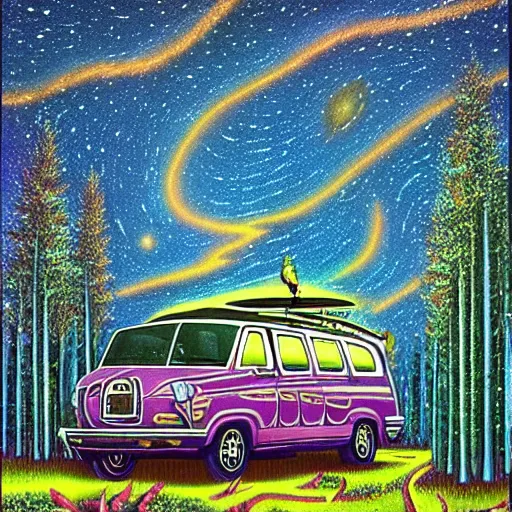 Prompt: psychedelic, trippy, dodge grand caravan, pine forest, milky way, cartoon by rob gonsalves