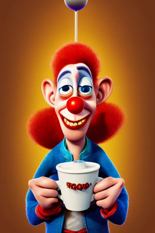 Image similar to portrait of a clown holding a cup of coffee, circus in background, full body. pixar disney 4 k 3 d render funny animation movie oscar winning trending on artstation and behance. ratatouille style.