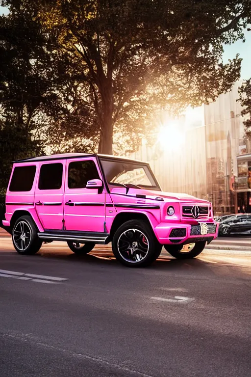 Prompt: Photo of a pink Mercedes-Benz G63 parked on the road with a Prada Store in the background, wide shot, golden hour, daylight, vibrant, volumetric lighting, award winning