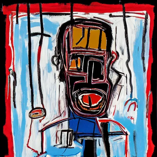 Prompt: Chaotic Morning. Sunlight is pouring through the window lighting the face of an old man drinking from a red cup of coffee. Detailed and intricate strokes and lines. Painting by Basquiat, 1982