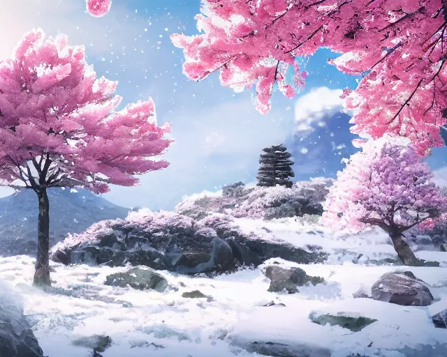 Image similar to snowy rocky field with a sakura tree, petals, cloudy, moodly lighting, snow in wind, illustration, by pine ( ハイネ ) and 薯 子 imoko and 香 川 悠 作 and wlop and maya takamura, highly detailed, trending artstation, pixiv, digital art