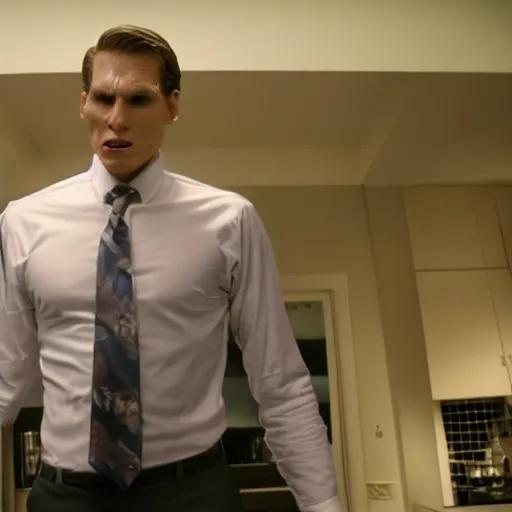 Image similar to Live Action Still of Jerma in American Psycho, real life, hyperrealistic, ultra realistic, realistic, highly detailed, epic, HD quality, 8k resolution, body and headshot, film still