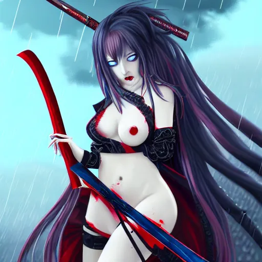 Image similar to seductive female vampire holding a bloodied katana, in the rain, highly detailed, painting, dark red and azure blue and black color palette, intricate, high quality anime artstyle, in the style of sana takeda
