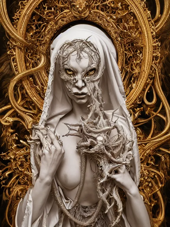 Image similar to a beautiful render of baroque catholic veiled demon lady sculpture with symmetry intricate detailed,by Nekro and peter gric and aaron horkey and Billelis,Trending on artstation,ZBrush,fractalism,maximalism,glittering,gold,ivory,hyperreal