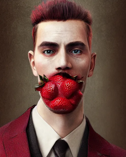 Prompt: a man wearing a strawberry mask and formal suit, full height, digital illustration, hyperrealistic, photoreal, symmetry, matte painting, highly detailed, 8 k, hd, intricate, octane render, by bocklin, doreau, durer
