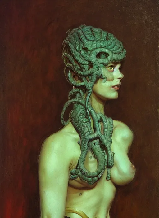 Image similar to upper body and head portrait of a gorgon in victorian living room, by lawrence alma-tadema and zdzislaw beksinski and norman rockwell and jack kirby and tom lovell and greg staples, artstation creature art