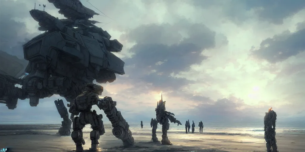 Prompt: an armored core in the beach, clouds, daylight ; detailed illustrations, pastel tones, dark colors, clear lines, by jordan grimmer, huge scene, grass, art greg rutkowski