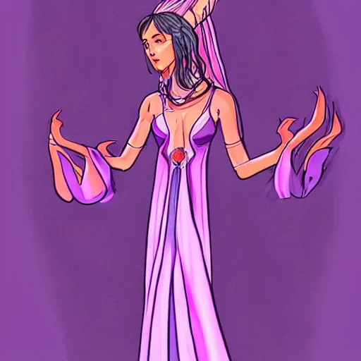 Image similar to mythical goddess from the 4th dimension wearing a comically long dress and robe, purple colors, character concept art, trending on artstation