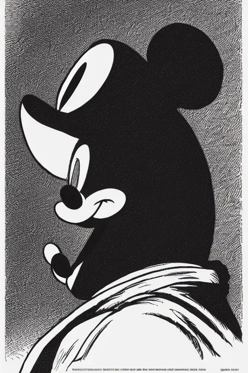 Image similar to sideview waist up portrait of mickey mouse wearing black cape hoodie by laurie greasley and rene magritte, etching by gustave dore, intricate, sharp focus, illustration, highly detailed, digital painting, concept art, masterpiece