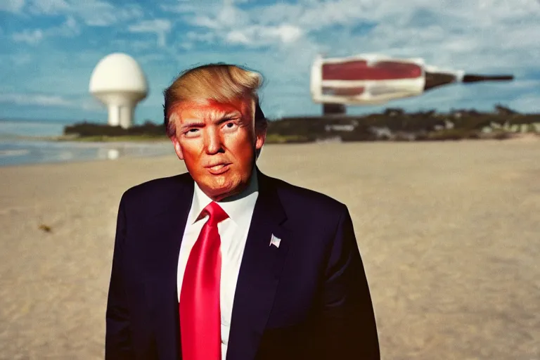 Image similar to closeup portrait of donald trump at a beach resort with a nuclear warhead in the background, natural light, sharp, detailed face, magazine, press, photo, steve mccurry, david lazar, canon, nikon, focus