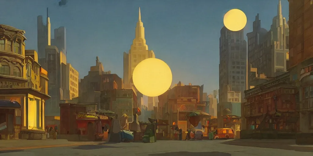 Image similar to A mysterious glowing and powerful atom shines above a city square, dieselpunk, by Studio Ghibli and Edward Hopper