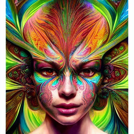 Image similar to A reality bending psychedelic ayahuasca experience, colorful, face painting, distorted, surreal, tropical bird feathers, dramatic lighting on the face, intricate, elegant, highly detailed, digital painting, concept art, smooth, sharp focus, illustration, art by Krenz Cushart and Wayne Barlowe and alphonse mucha