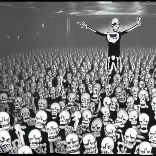 Image similar to photo, a giant crowd of silvery shiny refective black latex claymation skeletons by ray harryhausen dancing inside an underground ussr night club, edge lighting, ray traced lighting