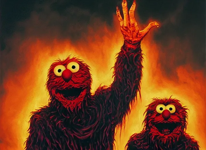 Prompt: extremely scary horror portrait of elmo holding two hands up in front of massive endless apocalyptic flames, epic fantasy art by michael whelan