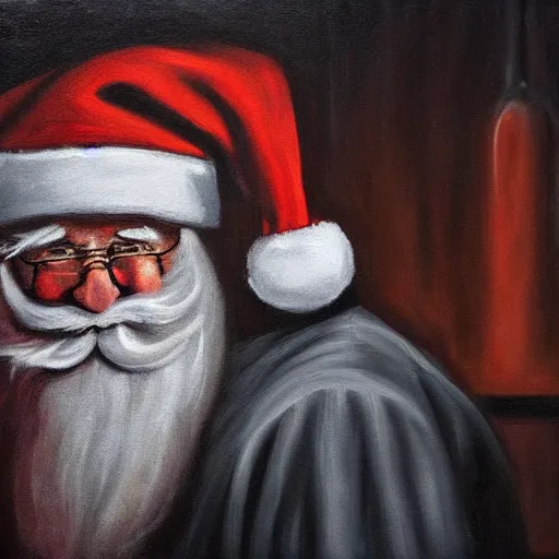 Prompt: santa claus depressed having a drink at a bar, painting, somber, moody lighting