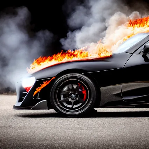 Image similar to Black Toyota Supra with wheels on fire, 8k UHD, studio photography, high quality, high detail, stunning lighting