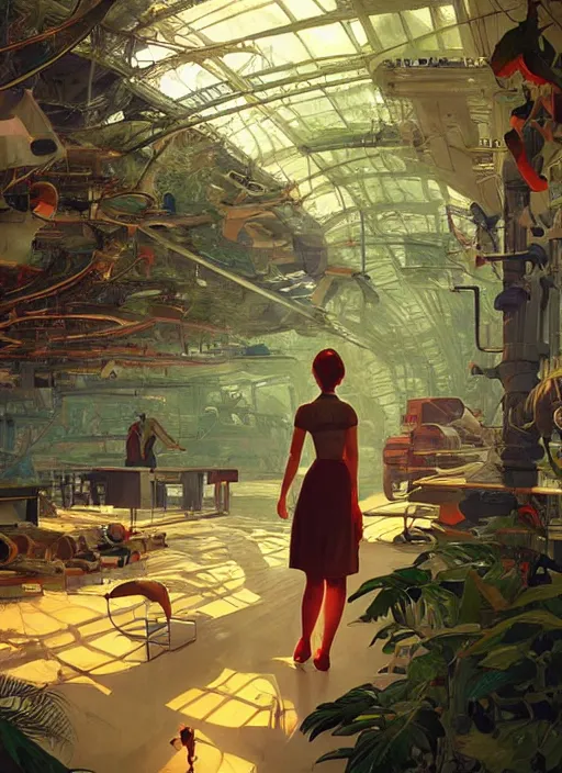 Image similar to gorgeous soviet girl scientist making research at futuristic soviet scientific lab in amazonian jungle tree tops communist agitprop by ross tran, thierry doizon, craig mullins, ilya kuvshinov, artgerm, edward hopper, dan mumford, wlop, rutkovsky, carl spitzweg, moebius, unreal engine 5, lumen, nanite