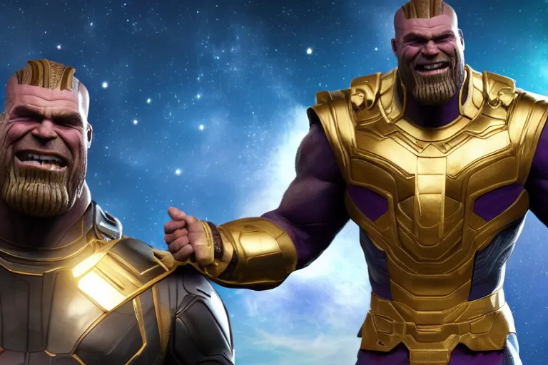 Image similar to MCU 3D render of gigachad thanos smiling, wearing infinity gauntlet, high quality wallpaper, desktopography