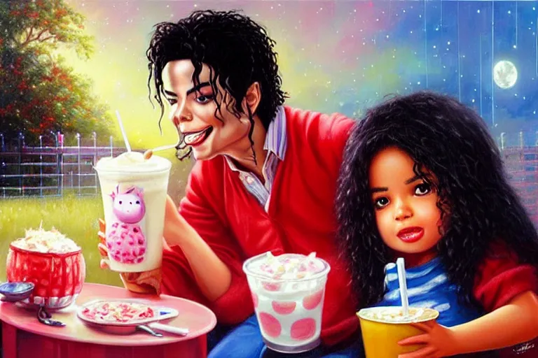 Image similar to michael jackson sharing a milkshake with peppa pig late night, an oil painting by ross tran and thomas kincade