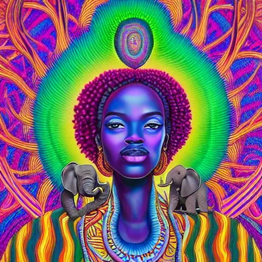 Prompt: a regal and heroic african queen with a colorful afro sitting in a cabana on top of a enormous elephant near a pink river with a large glowing baobab tree, by amanda sage and alex grey and evgeni gordiets in a surreal psychedelic style, symmetrical, detailed eyes, oil on canvas 8k, hd