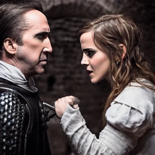 Image similar to photography emma watson fight with nicholas cage in a medieval wine cellar cinematic