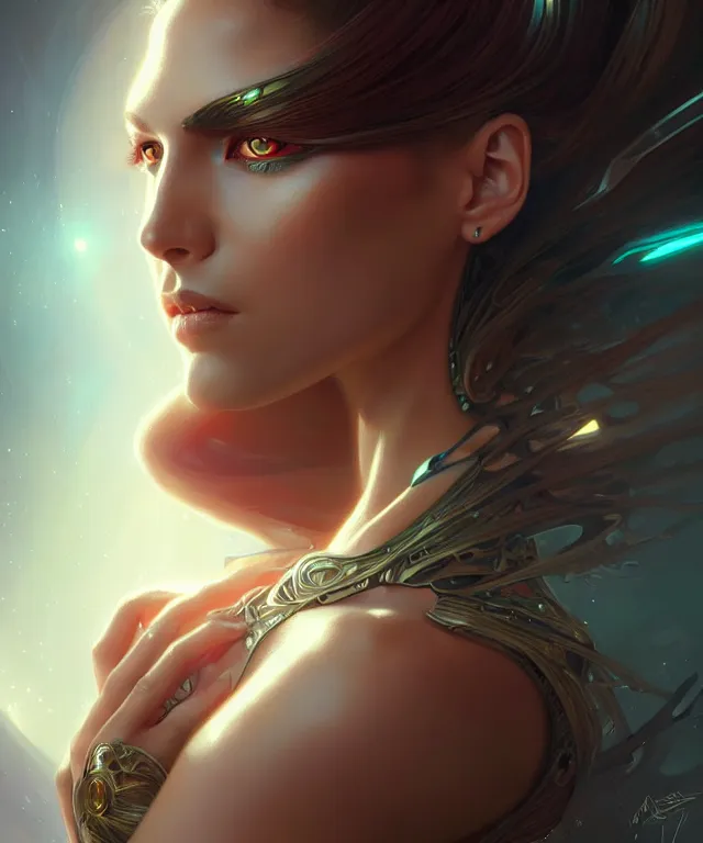 Image similar to futuristic woman portrait, sci-fi, amber eyes, face, long hair, fantasy, intricate, elegant, highly detailed, digital painting, artstation, concept art, smooth, sharp focus, illustration, art by artgerm and greg rutkowski and alphonse mucha