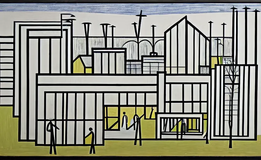 Prompt: geometric painting of industrial buildings surrounded by undergrowth by l. s. lowry