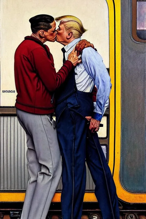 Image similar to gay male couple at a train station, norman rockwell painting of donald trump kissing donald trump