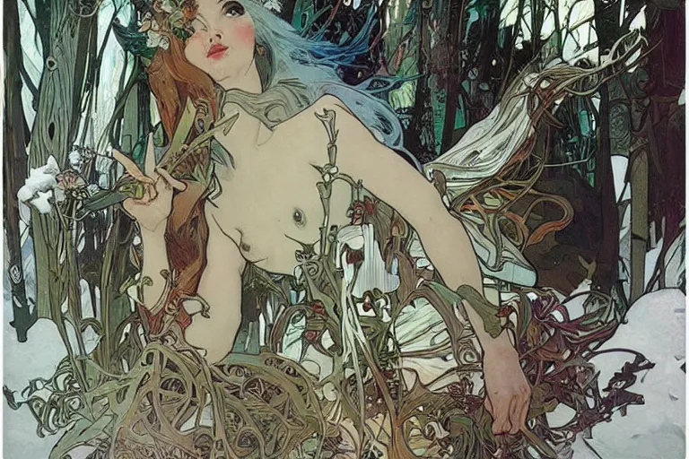 Image similar to Winter goddess by alphonse mucha, john berkey, covered in graphitti by banksy, basquiat, cleon peterson, dramatic cinematic lighting, manicured solarpunk greenery, high fashion futuristic people walk past