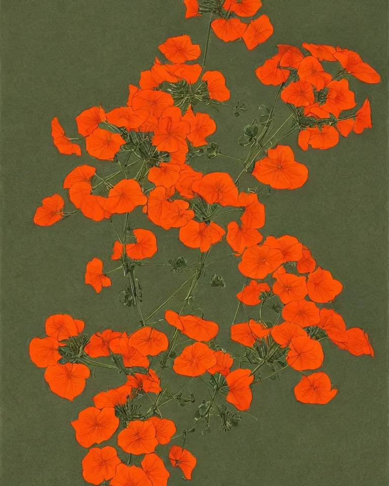 Prompt: fine painting of tropaeolum majus. high definition, earthly tones, soft natural light, pastel, 4 k, matte, trending on artstation. painted by thaddeus welch, hirano miho and hokusai katsushika.