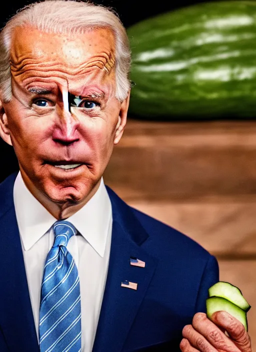 Prompt: photography of Joe Biden smelling a cucumber very close to face , 4K HD