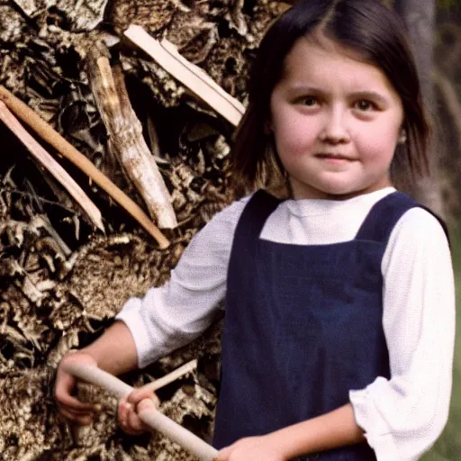 Prompt: a young girl with short brown hair wearing a white dress and holding a bundle of firewood, high resolution film still