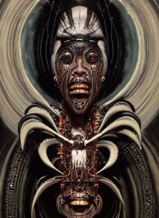 Prompt: masterpiece portrait of an biomechanical maori priest, surrounded by black liquid occult swirls, horror, dramatic lighting, h. r. giger, greg rutkowski, alphonse mucha, artgerm, donato giancola, tom bagshaw, trending on cgsociety, octane render, 8 k