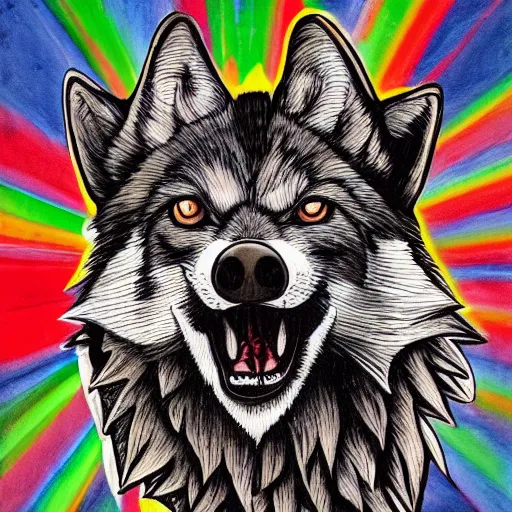 Image similar to portrait of retarded wolf, squint eyes, rabies, propaganda style, vivid colors, detailed