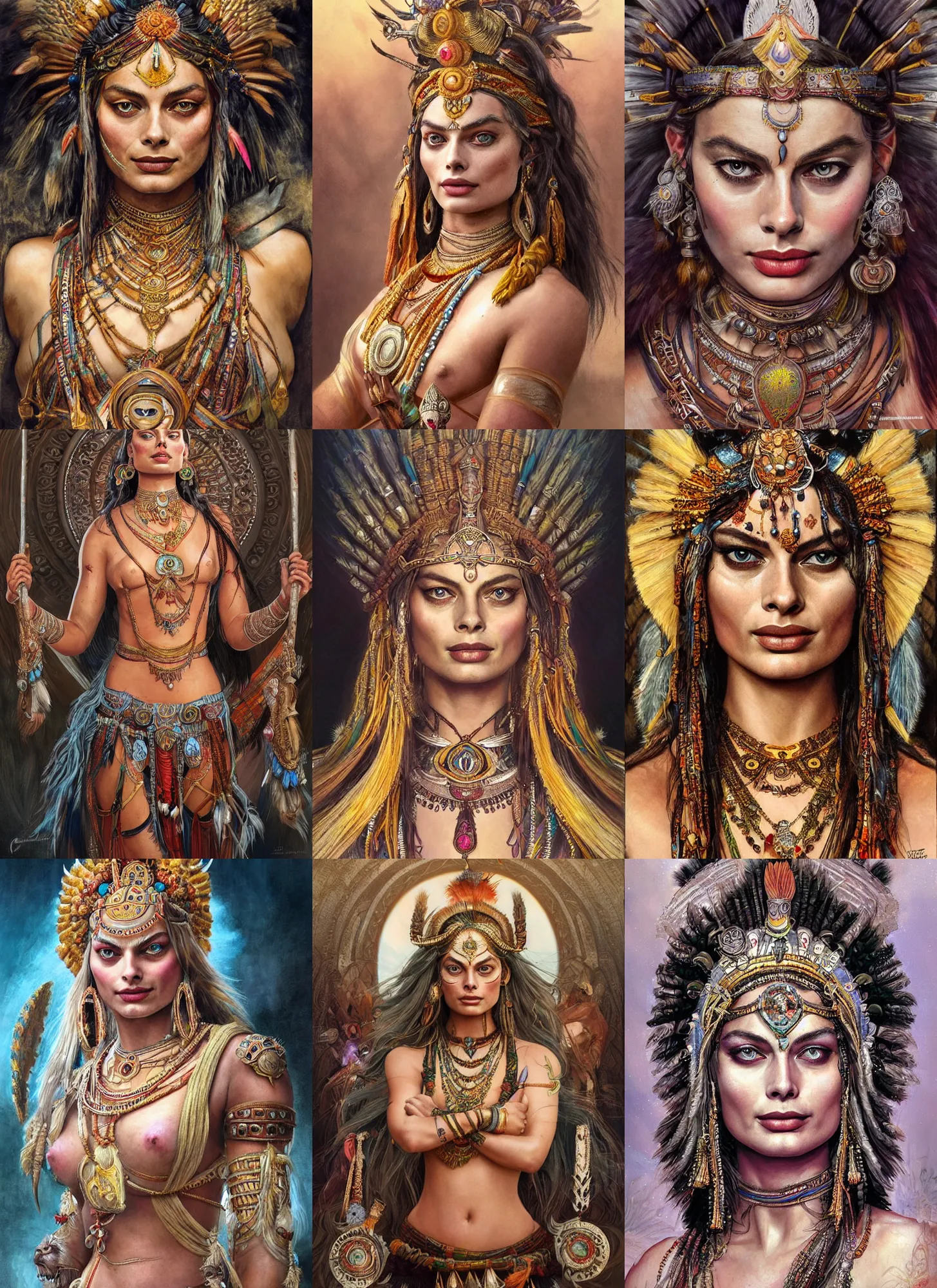 Prompt: Margot Robbie as an Indian Warrior Goddess, cute, fantasy, intricate, elegant, highly detailed, digital painting, 4k, HDR, concept art, detailed jewelry, smooth, sharp focus, head and waist potrait, art by Artgerm and H R Giger and Greg Rutkowski and Alphonse Mucha