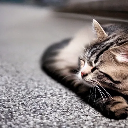 Prompt: a cat sleeping on the sidewalk late at night high quality