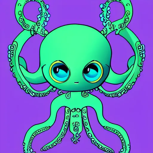 Image similar to character design of an adorable baby faced alien with tentacles on the sides of it's mouth, blue, tiny horns