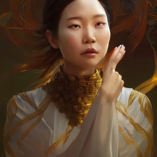 Image similar to asian female wind elemental, lifelike, portrait, highly detailed, digital painting, artstation, concept art, sharp focus, illustration, cinematic lighting, art by artgerm and greg rutkowski and alphonse mucha