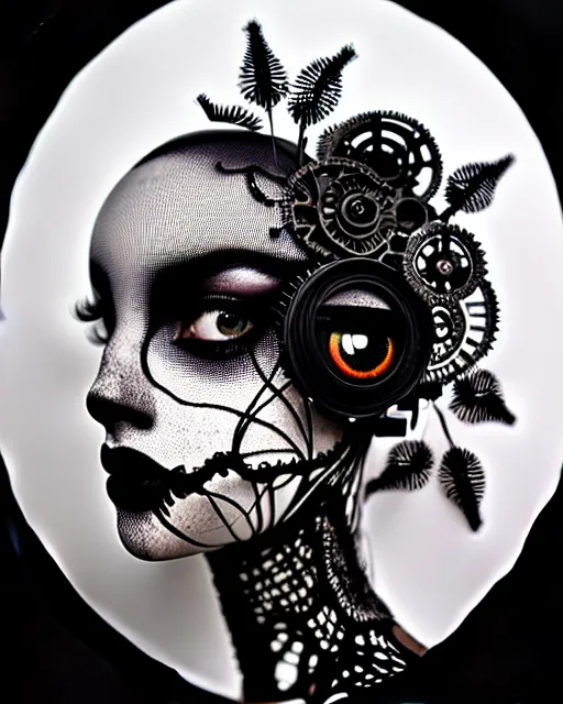 Image similar to black and white masterpiece profile portrait painting with no frame, one steampunk eye silver lace floral biomechanical beautiful young female cyborg, big monocular, volumetric light, hibiscus flowers, by hg giger, rim light, big gothic fashion pearl embroidered collar, 8 k