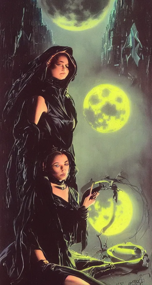 Image similar to portrait of a cyberpunk young witch in a black robe sitting on the ground next to a fire, full moon in the sky overhead, detailed face, highly detailed, by frank frazetta and boris vallejo