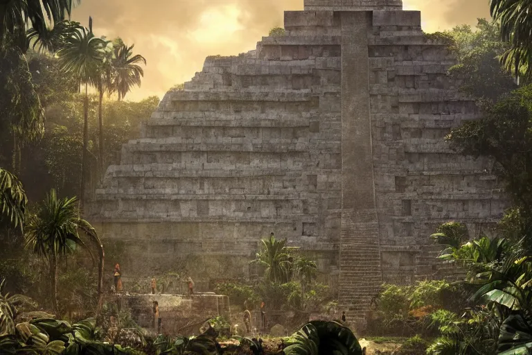 Image similar to Brutalist mayan temple in the jungle, beautiful dynamic lighting, cinematic, wide angle establishing shot, extremely high detail, photo realistic, cinematic lighting, post processed, concept art, artstation, matte painting, style by eddie mendoza, raphael lacoste, alex ross