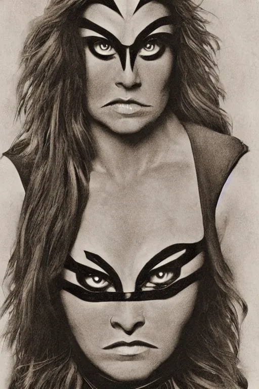 Image similar to cheetara from thundercats, portrait, full body, symmetrical features, silver iodide, 1 8 8 0 photograph, sepia tone, aged paper, sergio leone, master prime lenses, cinematic