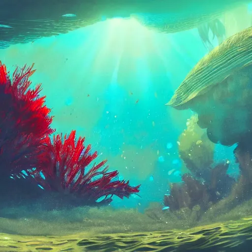 Image similar to underwater view of a strange alien world, some washed out red and green plant life, small alien fish swimming in the background, deep blue sea color, artstation