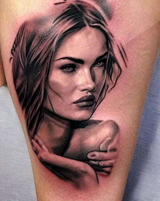 Image similar to creative double exposure effect tattoo design sketch of megan fox faded in beautiful mountain scenery, realism tattoo, in the style of matteo pasqualin, amazing detail, sharp